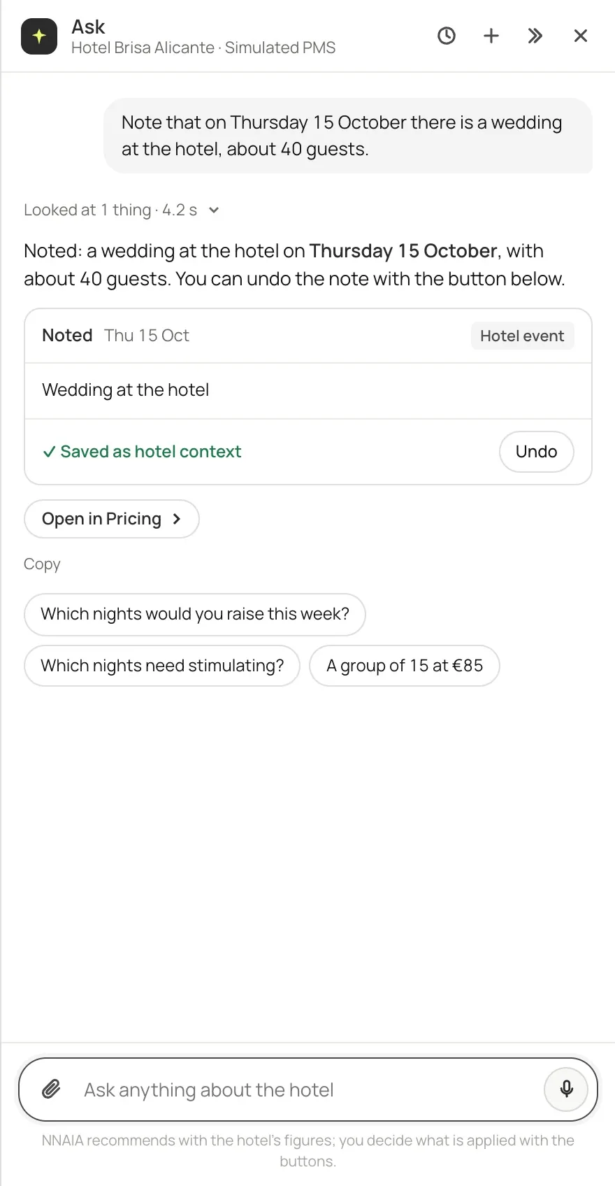 A wedding noted from Ask, with its receipt and the undo button
