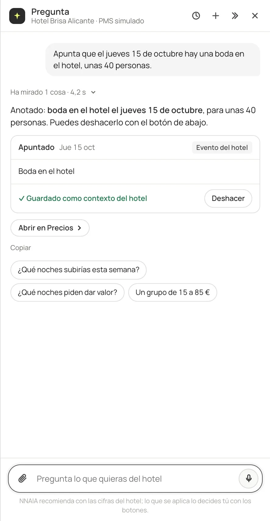 Una boda apuntada desde Pregunta, con su recibo y el botón de deshacer